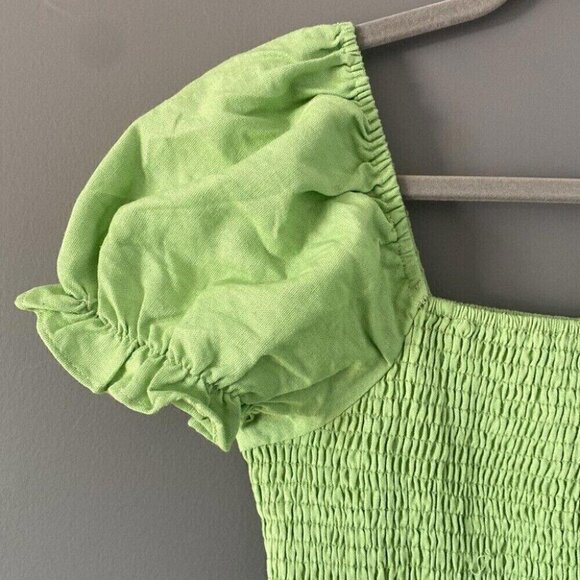 English Factory Green Smocked Mini Dress L Puff Sleeve Ruffle Hem Western Boho - Picture 3 of 12